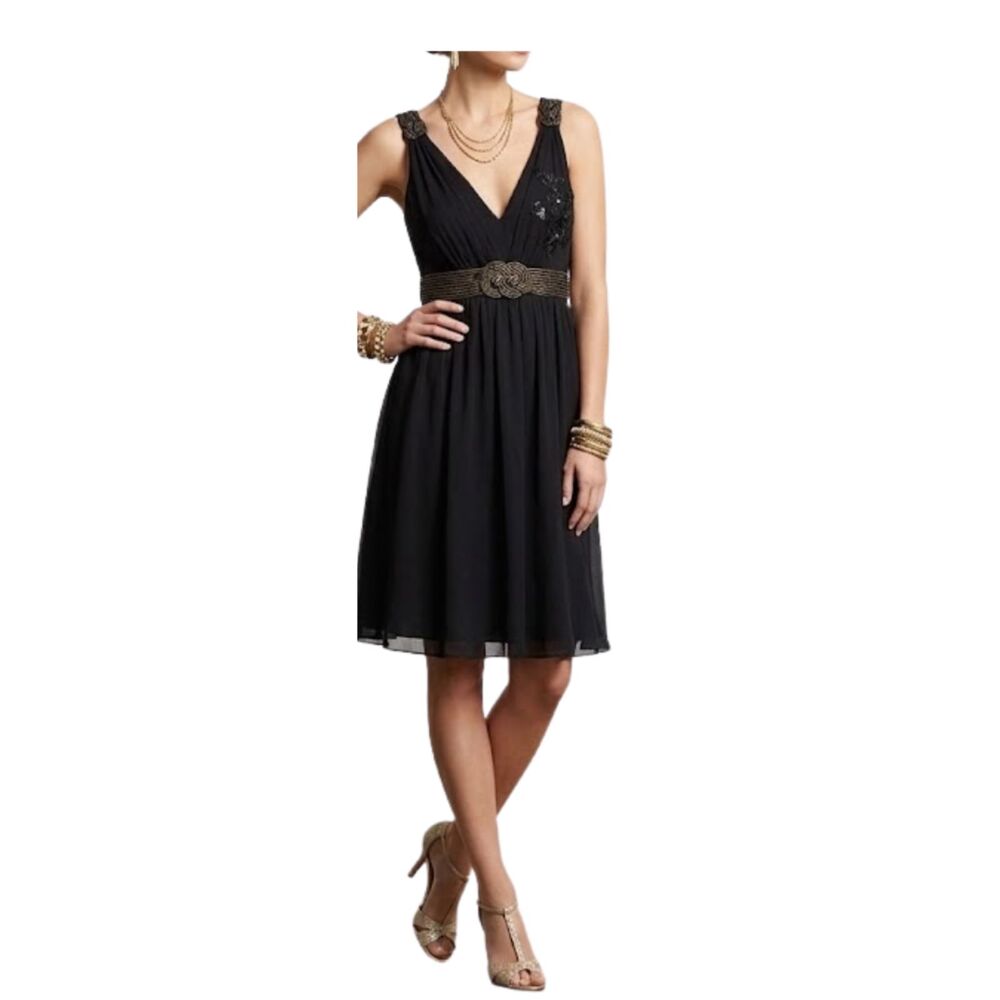 BCBGMAXAZRIA Black Gold 100% Silk Greek Goddess V Neck Beaded Dress Size 6